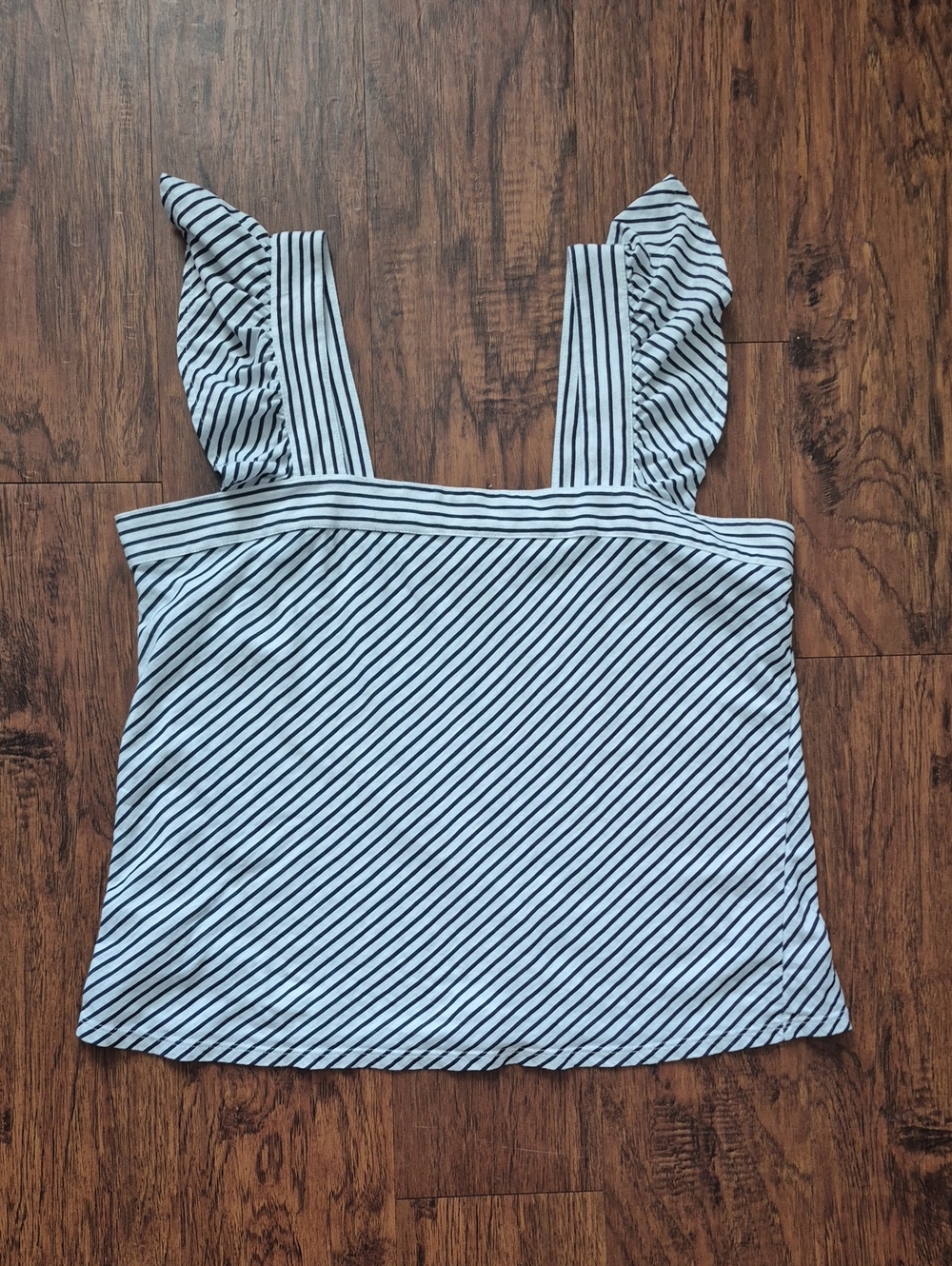 LOFT Black and White Striped Ruffle Strap Tank